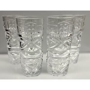 Set of 4 Clear Tiki Face Glasses by Forum –Heavy Pressed Glass Cocktail Tumblers